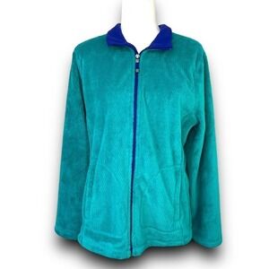 Talbots Jacket Womens Large Green Textured Fleece Full Zip Mock Neck Pockets